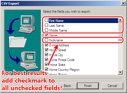Outlook Express 6 export to CSV add checkmark to all unchecked fields