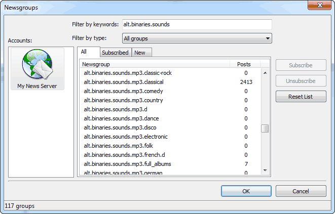 Newsgroup selection has 2 filters - by group type and by keywords you enter. You can combine them to easily find group you want. You can also see number of groups after filtering (if filters are cleared you see total number of groups) and approximate number of posts so you can determine which groups are more popular than others.