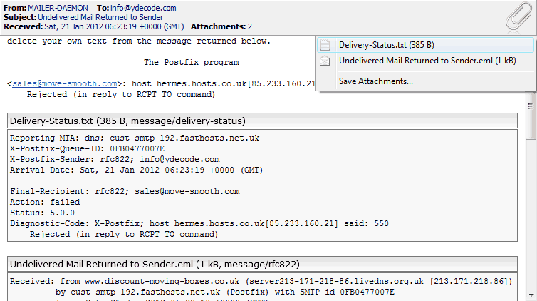 Message decoder can now recognize wider variety of message attachments. This example shows delivery status and RFC-822 (returned email) attachments in a failed delivery reply message.