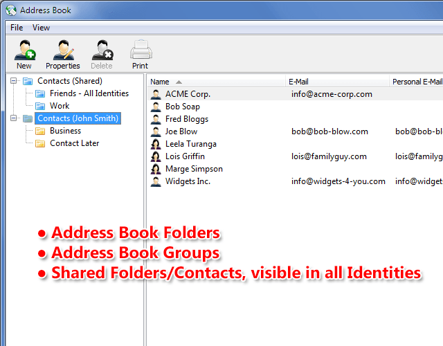 New features include Address Book Folders and Groups and Shared Folders/Contacts which are visible across all Identities