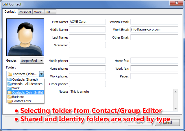 Folder selection is now possible from the contact editor without the need to open Address Book