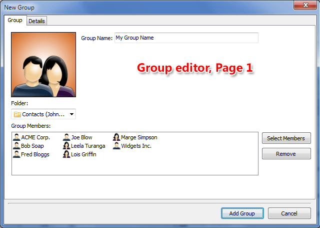 Page 1 of Group contact editor - Name and members editor