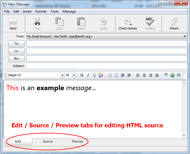 On the bottom of message editor you will find 3 tabs for switching between visual editor, source editor and preview
