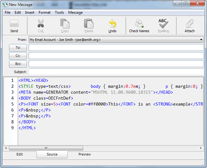 Source editor shows HTML code and uses syntax highlighting