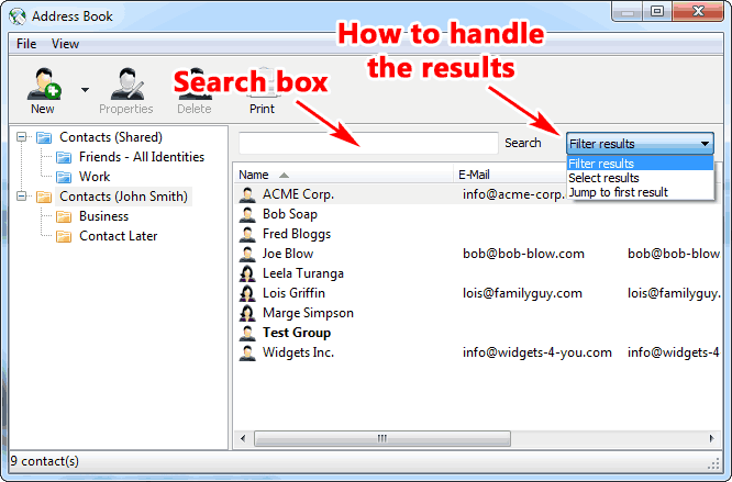 Search box offers selection what to do with the results