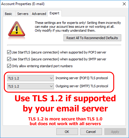 TLS 1.2 setting offers better security but does not work for all email servers.