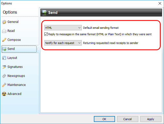 New Send options - Options for controlling message format (HTML or Plain-text) and returning requested read receipts