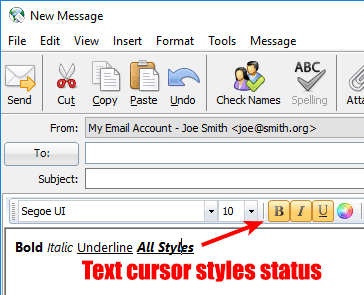 Formatting buttons such as Bold, Italic, Underline etc. in the message editor show status under the text cursor