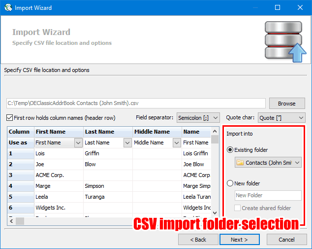Improvements in the CSV import tool, one of them is the choice of a folder where to import