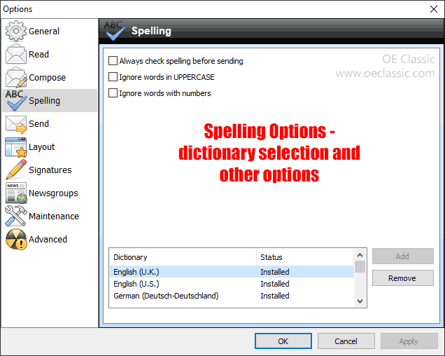 Spelling options and dictionary selection.