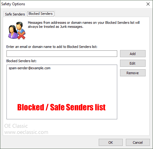 Blocked senders and Safe senders list editor.