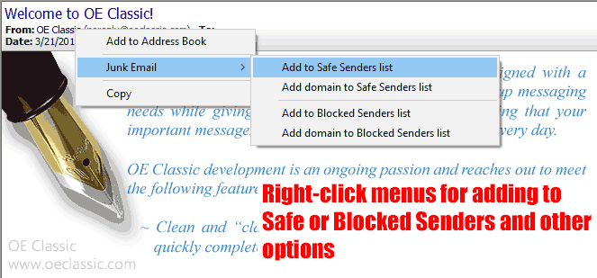 Right-click menus for adding to the Safe Senders or Blocked Senders and other options.
