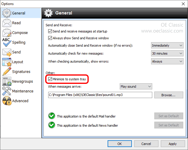 Minimize to system tray checkbox in Options (General).