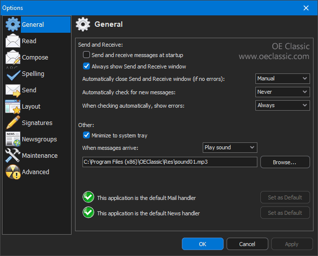 Example of the Options window using a dark theme.